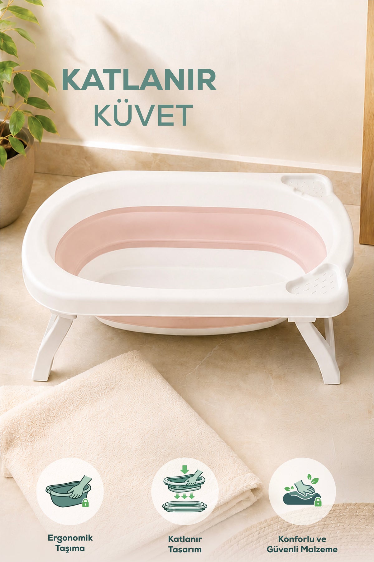 Katlanır Bebek Küveti-Katlanır Küvet, Portatif Bebek Küveti-Pembe