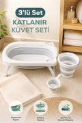 3'lü Katlanır Bebek Banyo Seti - Katlanır Bebek Küveti, Maşrapa,Kova Seti-Gri