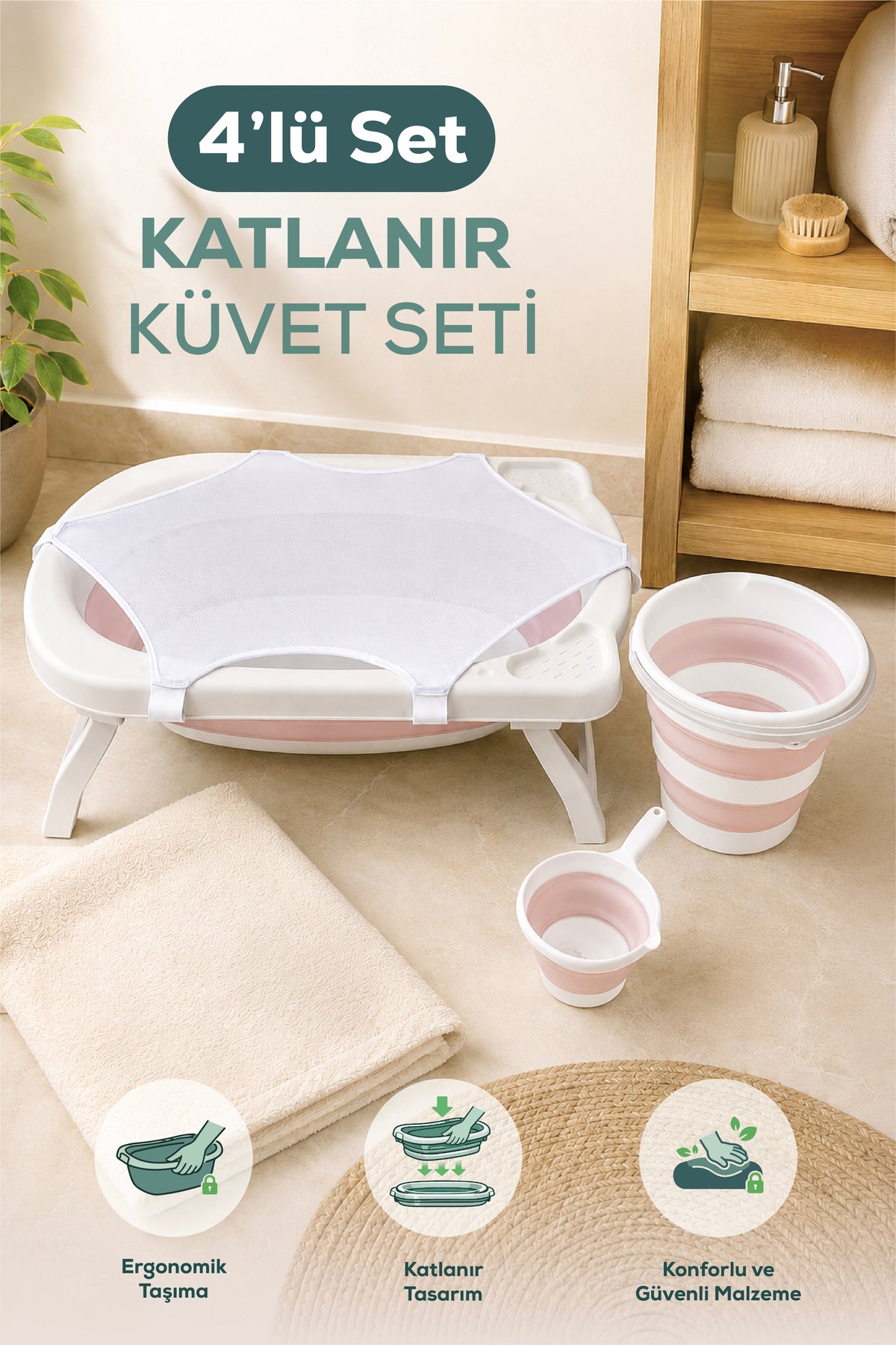 4'lü Katlanır Bebek Banyo Seti - Katlanır Bebek Küveti, Maşrapa,Kova Seti File Hediyeli-Pembe