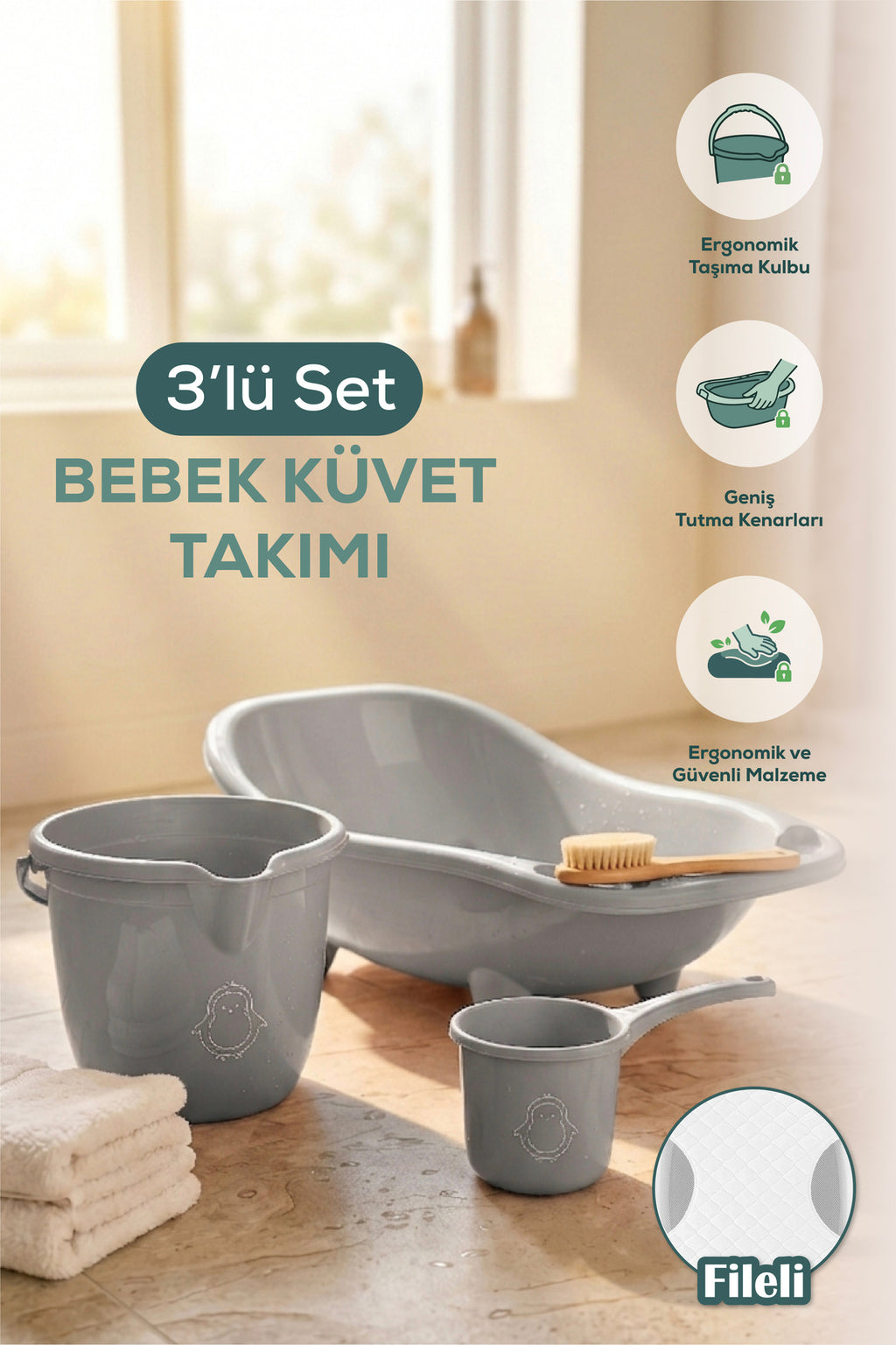 3'lü Set Fileli Yenidoğan Küvet Seti Gri