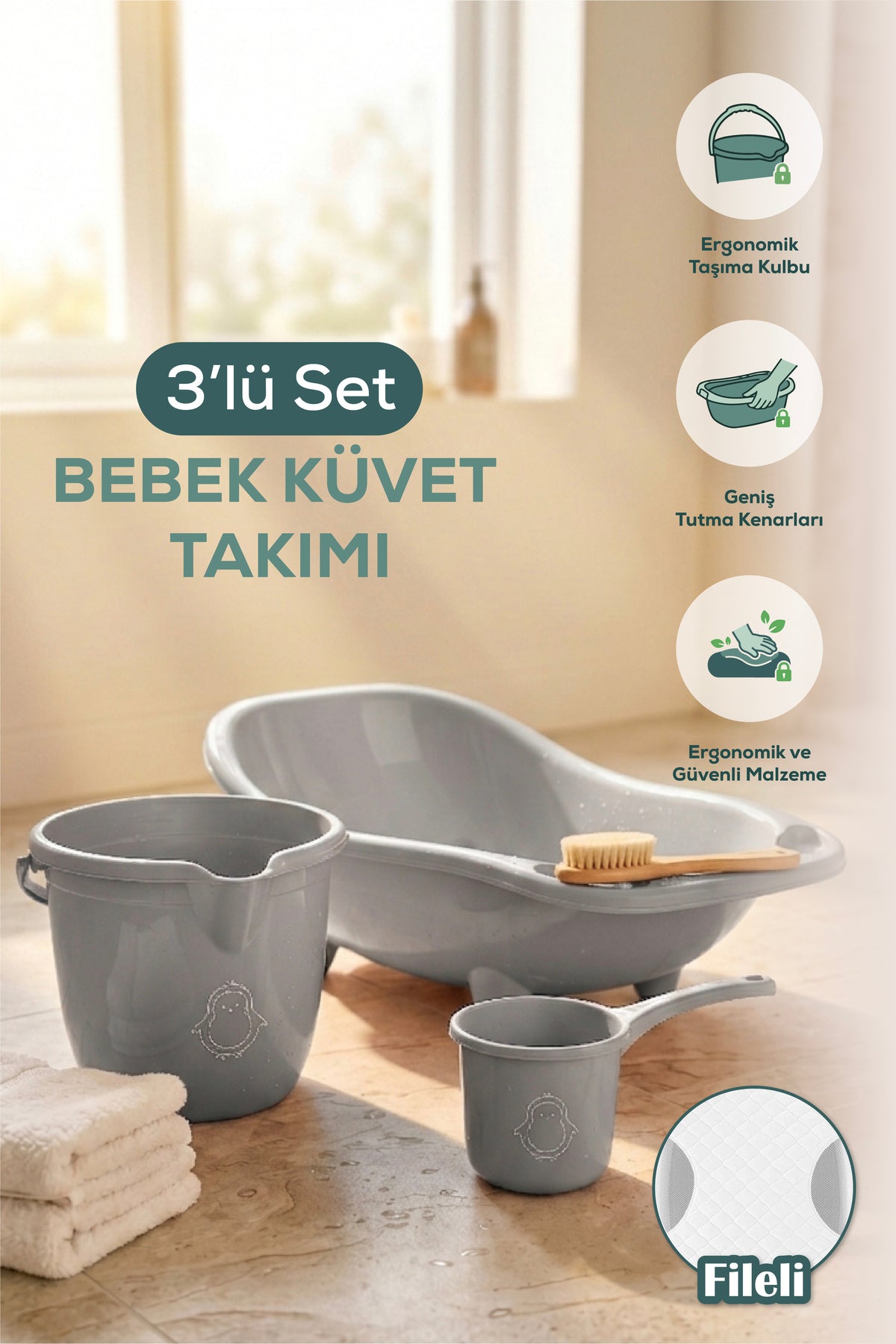 3'lü Set Fileli Yenidoğan Küvet Seti Gri
