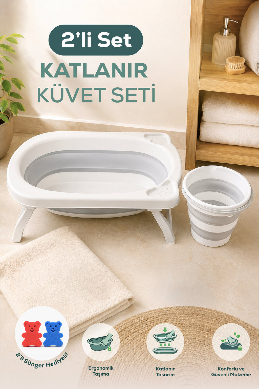 2'li Katlanır Bebek Banyo Seti - Katlanır Bebek Küveti,Kova Seti -2 Sünger Hediyeli-Gri