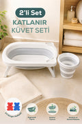 2'li Katlanır Bebek Banyo Seti - Katlanır Bebek Küveti,Kova Seti -2 Sünger Hediyeli-Gri