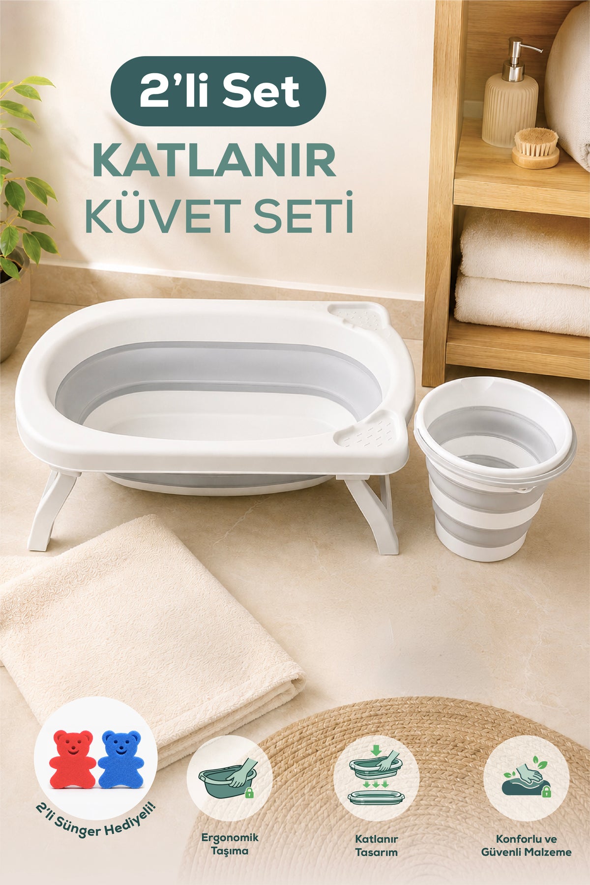 2'li Katlanır Bebek Banyo Seti - Katlanır Bebek Küveti,Kova Seti -2 Sünger Hediyeli-Gri