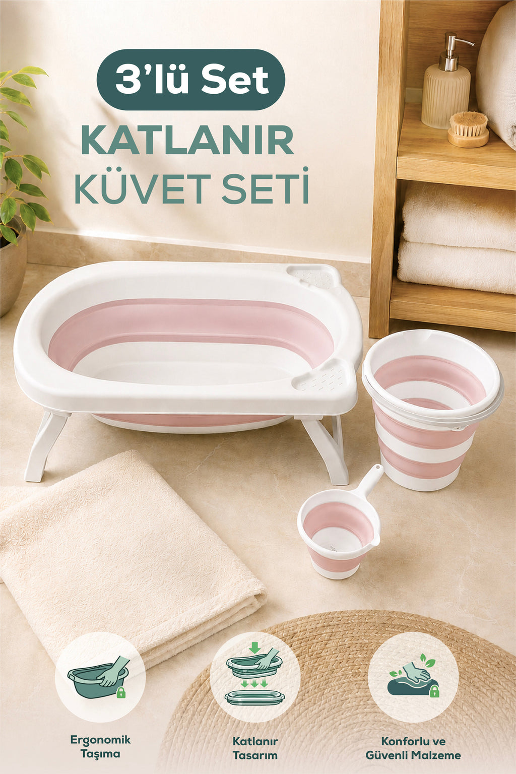 3'lü Katlanır Bebek Banyo Seti - Katlanır Bebek Küveti, Maşrapa,Kova Seti-Pembe