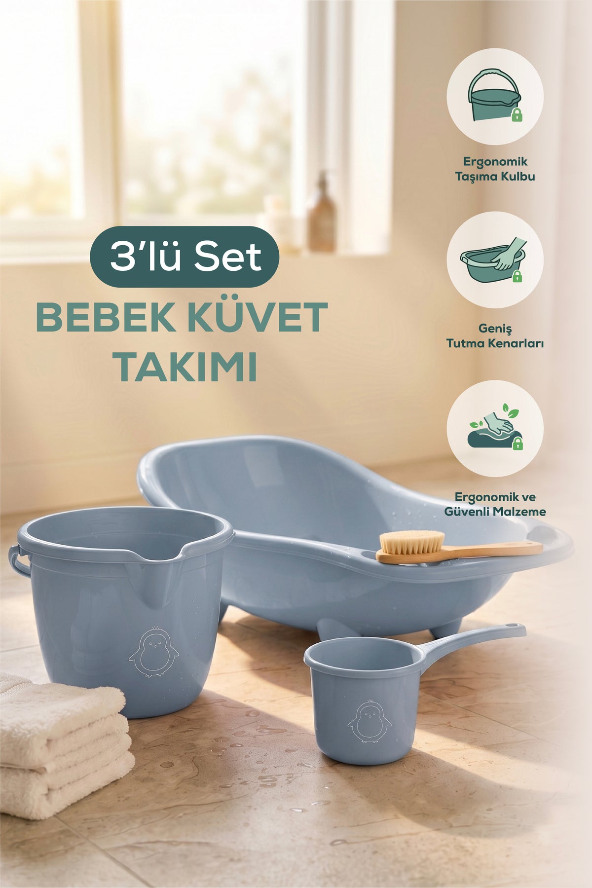 3'lü Set Fileli Yenidoğan Küvet Seti Mavi