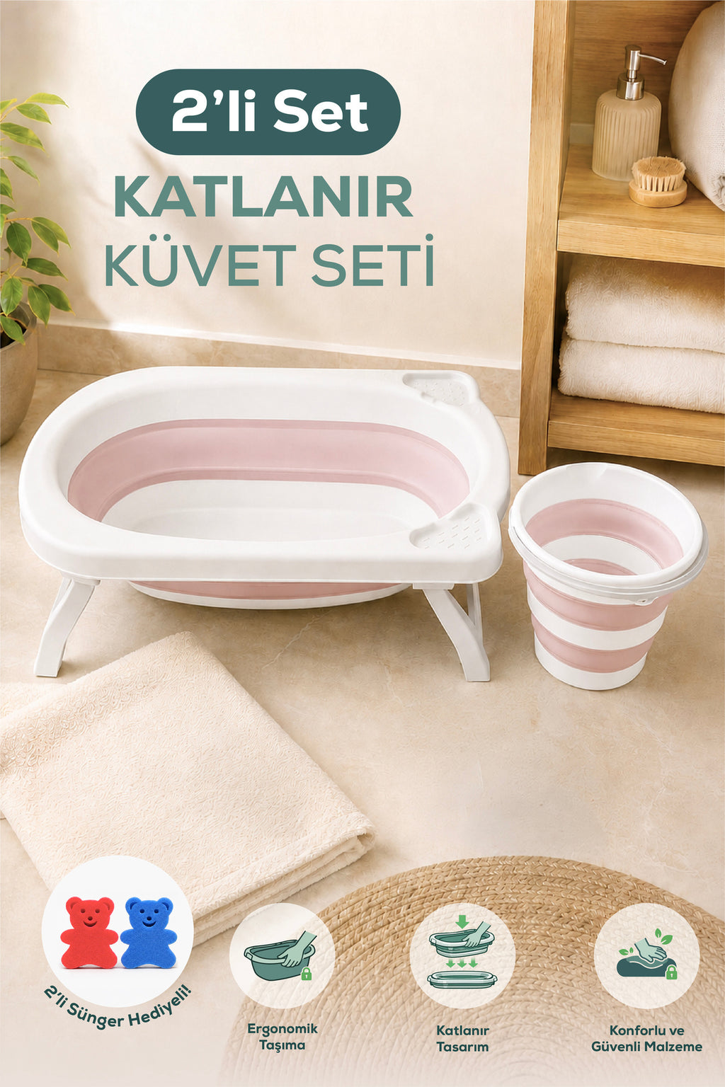 2'li Katlanır Bebek Banyo Seti - Katlanır Bebek Küveti,Kova Seti -2 Sünger Hediyeli-Pembe