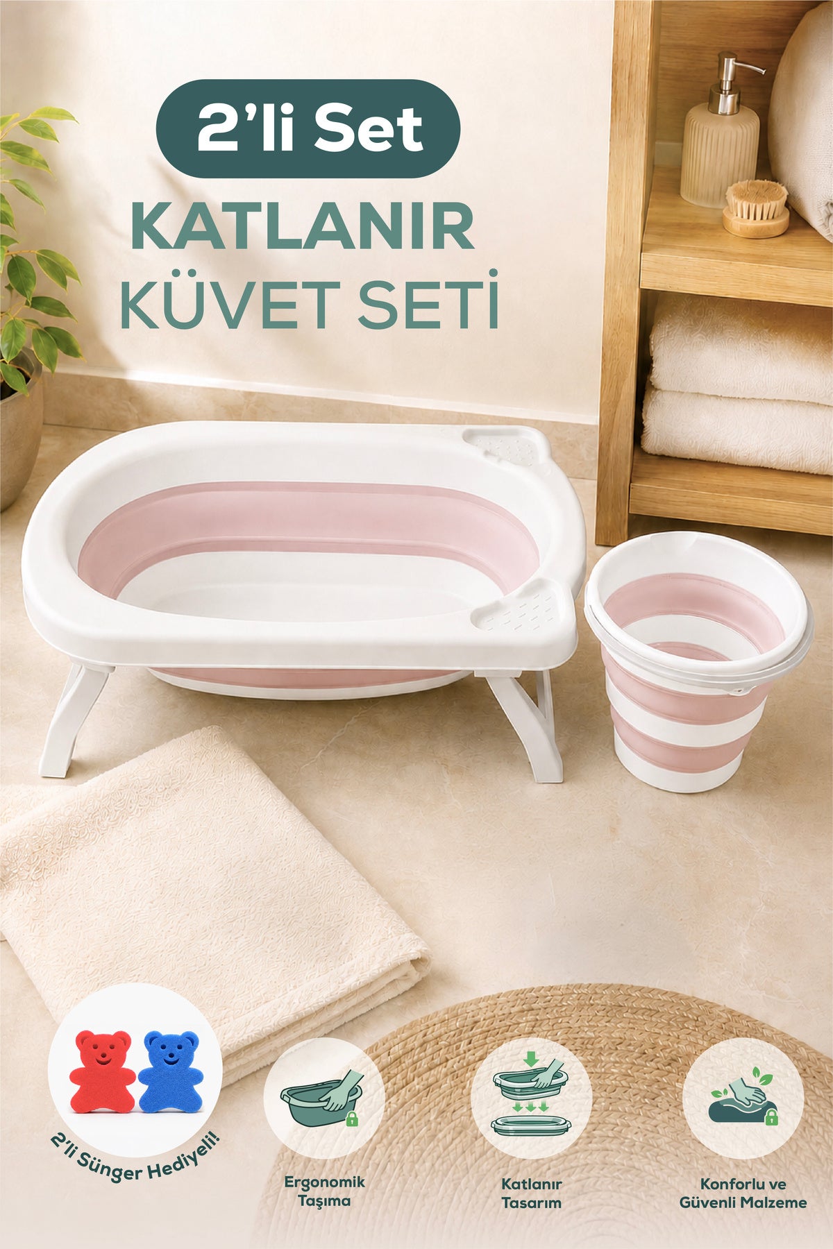 2'li Katlanır Bebek Banyo Seti - Katlanır Bebek Küveti,Kova Seti -2 Sünger Hediyeli-Pembe