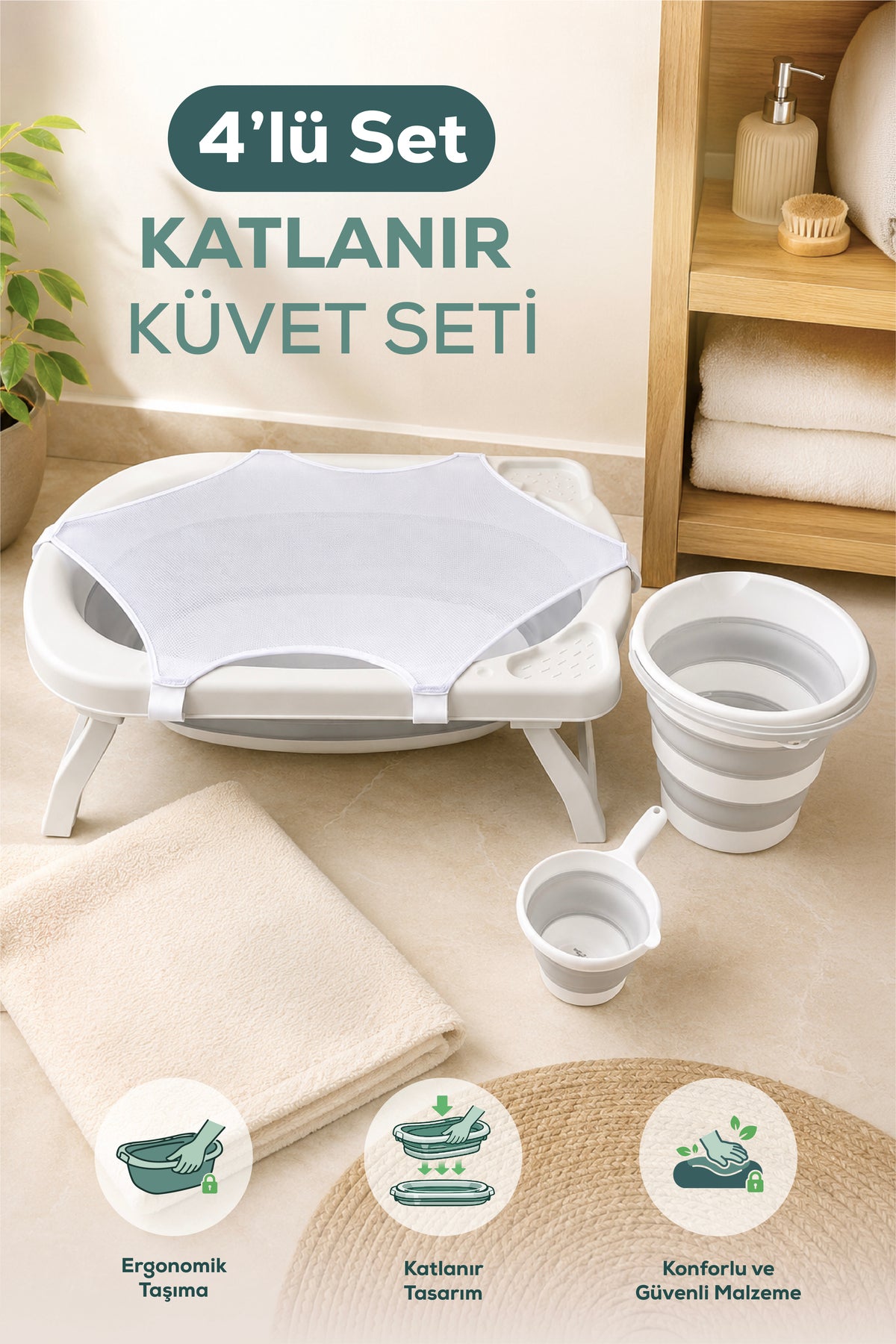 4'lü Katlanır Bebek Banyo Seti - Katlanır Bebek Küveti, Maşrapa,Kova Seti File Hediyeli-Gri