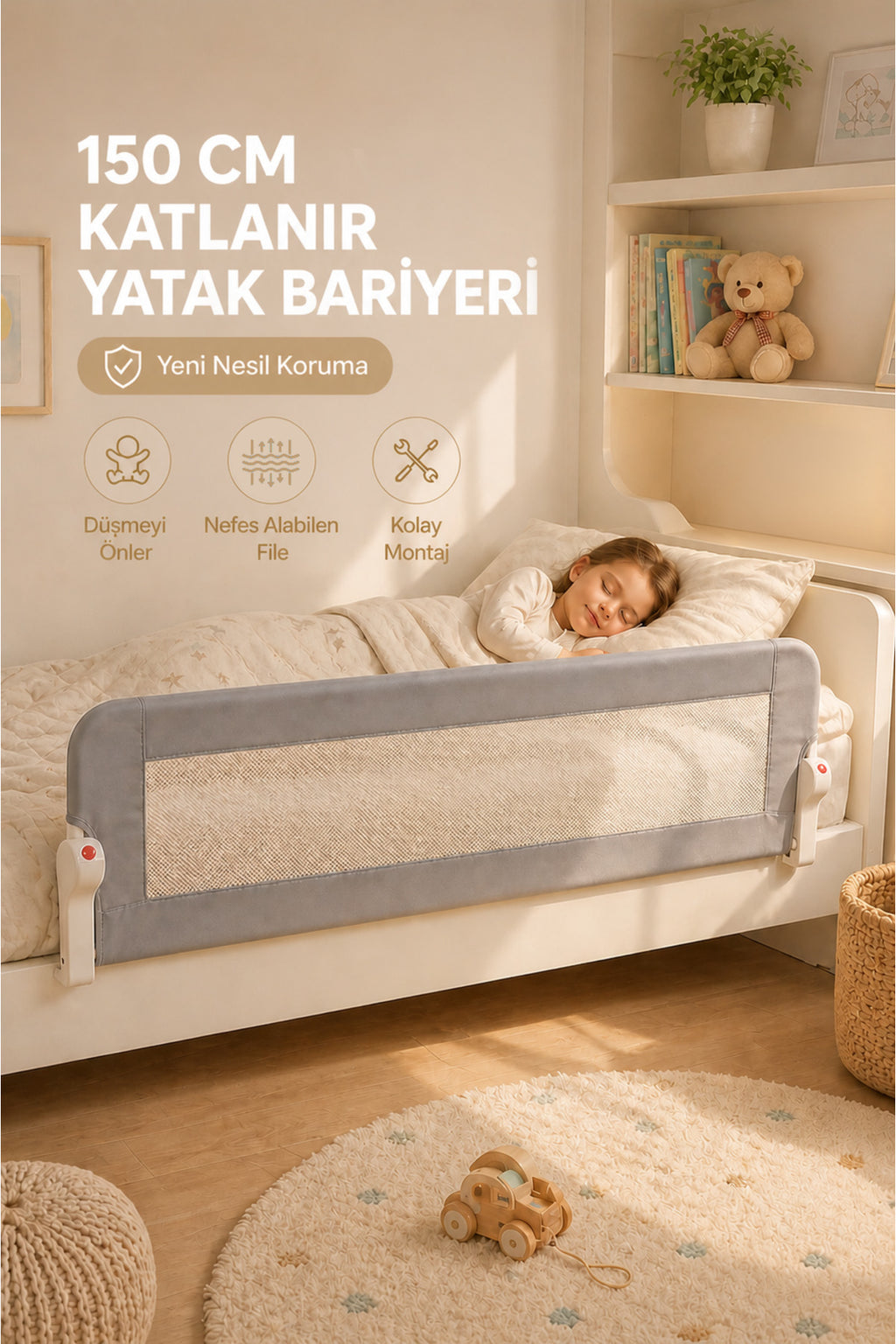 150 Cm Yatak Bariyeri - Güvenlik Bariyeri Koruyucu Bariyer,Bebek Bariyeri Büyük Boy-Gri