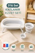 3'lü Katlanır Bebek Banyo Seti - Katlanır Bebek Küveti, Maşrapa,Kova Seti - 2 Sünger Hediyeli-Gri