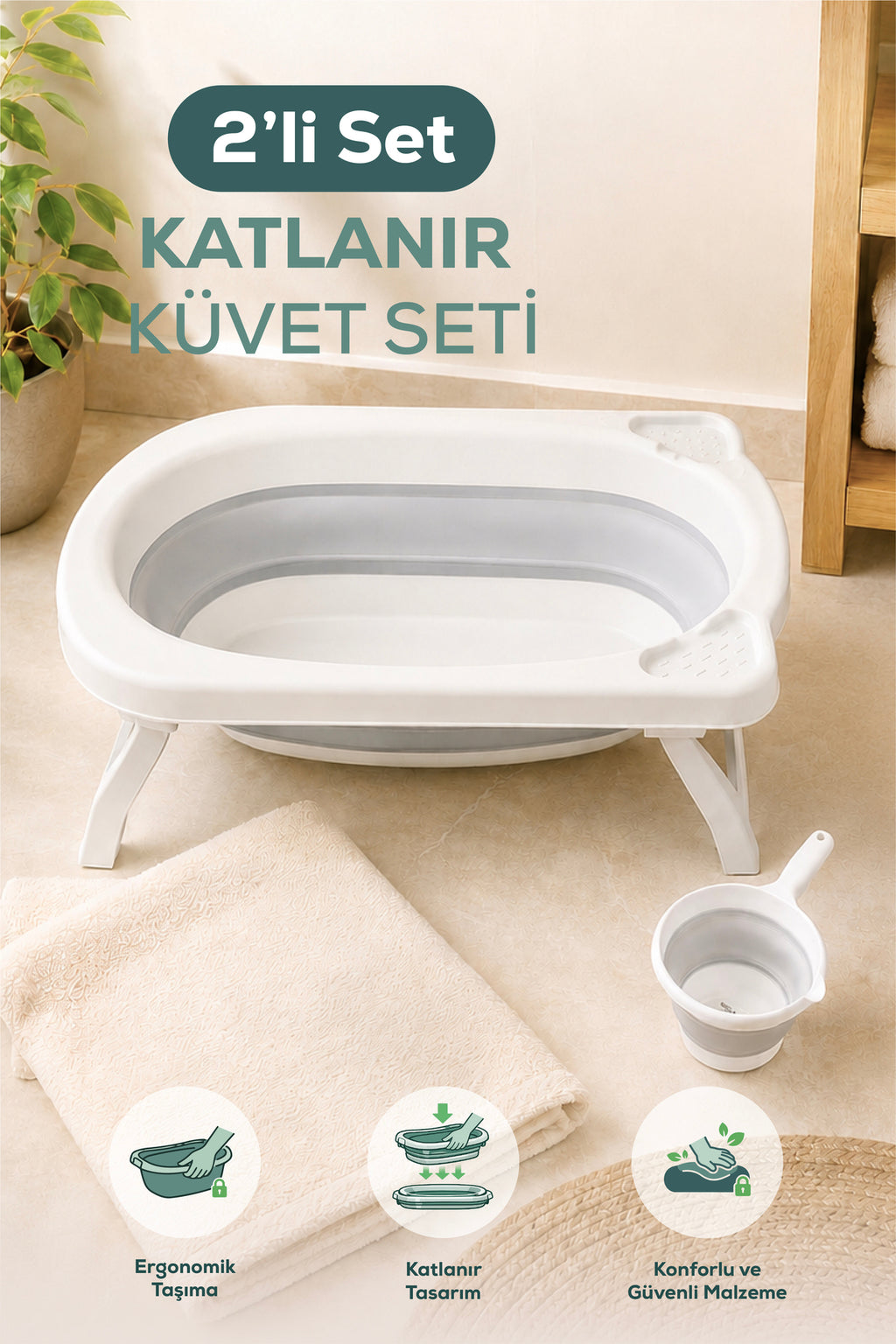 2'li Katlanır Bebek Banyo Seti - Katlanır Bebek Küveti, Maşrapa Setii-Gri