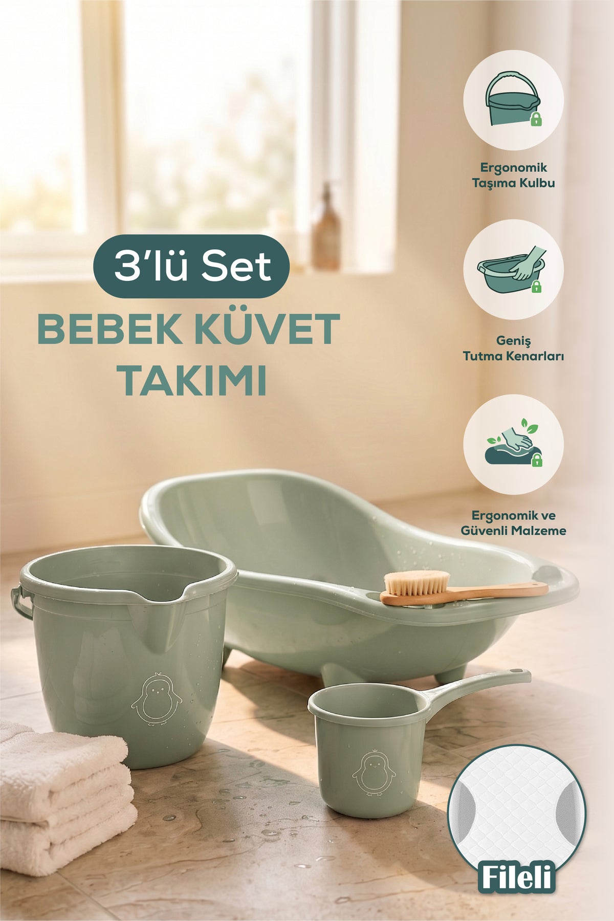 3'lü Set Fileli Yenidoğan Küvet Seti Yeşil