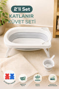 2'li Katlanır Bebek Banyo Seti - Katlanır Bebek Küveti, Maşrapa Seti,-2 Sünger Hediyeli-Gri