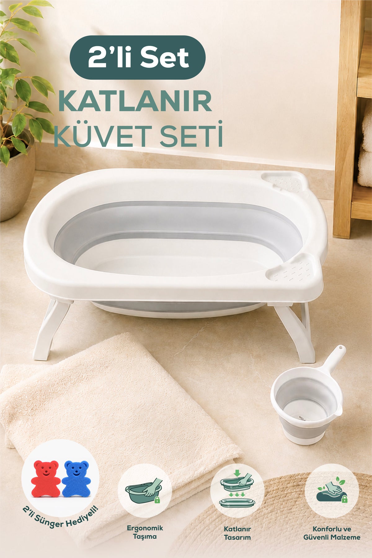 2'li Katlanır Bebek Banyo Seti - Katlanır Bebek Küveti, Maşrapa Seti,-2 Sünger Hediyeli-Gri
