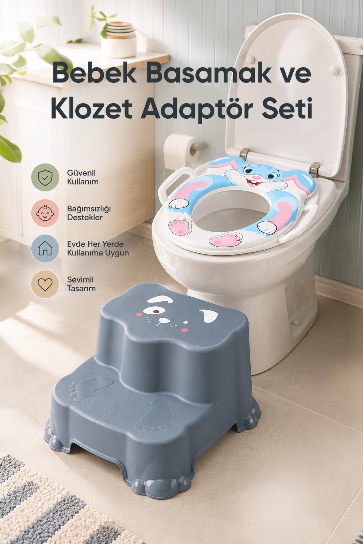 Çocuk Tuvalet Alıştırma Seti Süngerli Adaptör ve Basamak wumboo-color-mavi