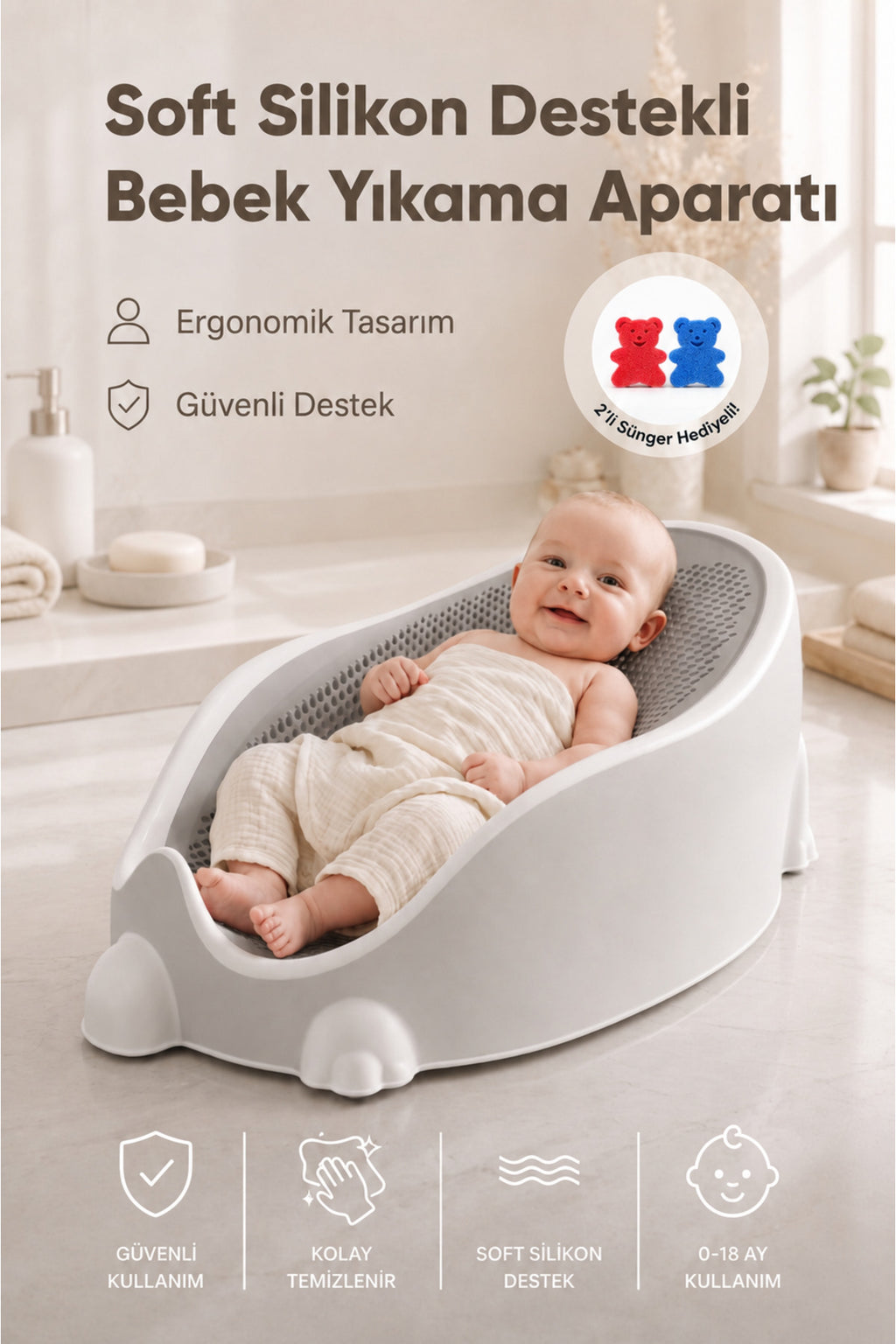 Soft Bebek Küveti – Sünger Hediyel Soft Fileli Bebek Yıkama Banyo Küveti Bebek Banyo Oturağı