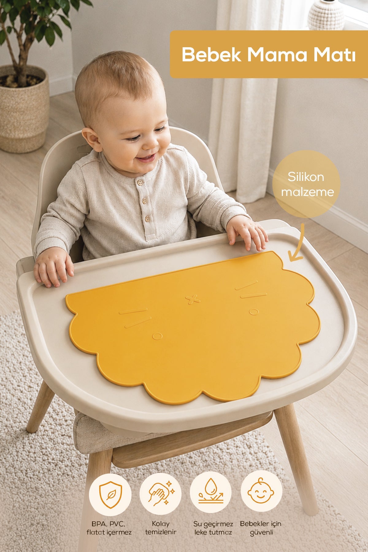 Bebek Beslenme Matı-Silikon Bebek Matı , Mama Sandalyesi Beslenme Matı,Silikon Mama Altlığı-Sarı wumboo-color-sari