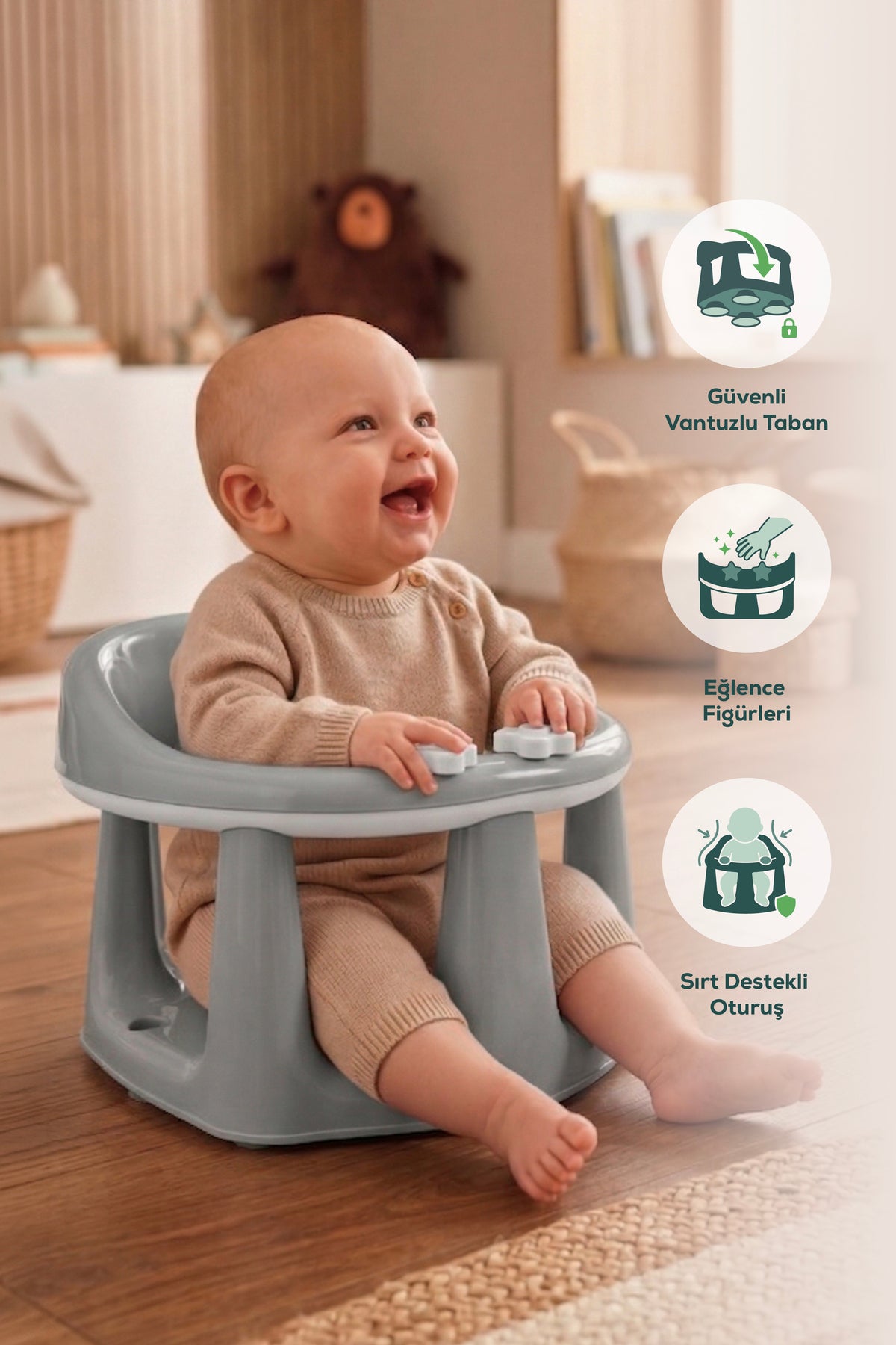 Bebek Banyo Oturağı - Mama Oturağı Vakum Tabanlı Bebek Oturağı Gri
