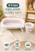 2'li Katlanır Bebek Banyo Seti - Katlanır Bebek Küveti, ,Kova Seti-Pembe