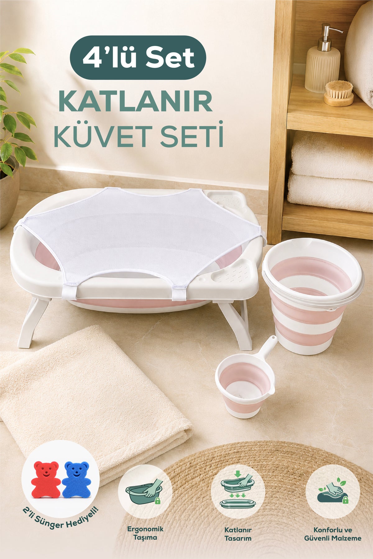 4'lü Katlanır Bebek Banyo Seti-Katlanır Bebek Küveti, Maşrapa,Kova Seti ,File,2 Sünger Hediye-Pembe