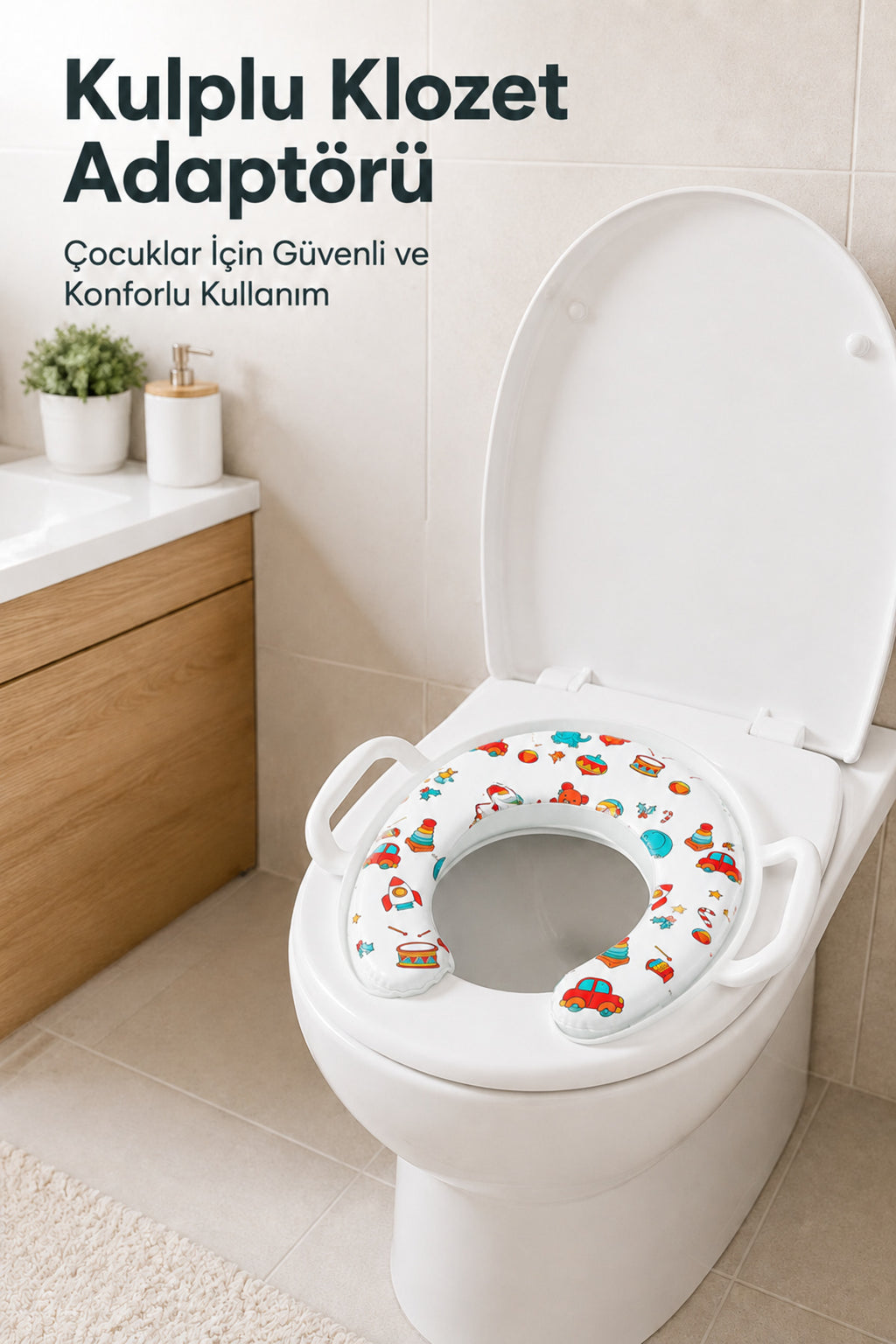 Portatif Süngerli Klozet adaptörü,Yumuşak Süngerli Kaymaz Taban Tutma Kollu Klozet Adaptörü-Beyaz Asorti