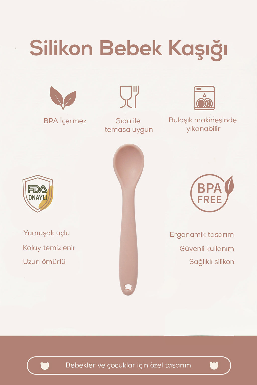 Yumuşak Uçlu , Dişlik özellikli Silikon Mama Kaşığı - Ek Gıda Geçiş Kaşığı -Beslenme Kaşığı-Pembe