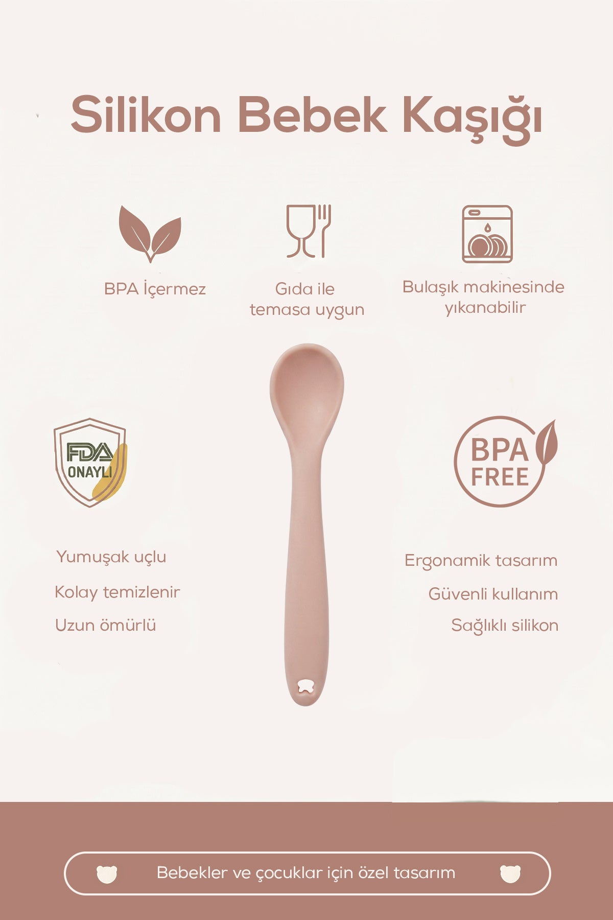 Yumuşak Uçlu , Dişlik özellikli Silikon Mama Kaşığı - Ek Gıda Geçiş Kaşığı -Beslenme Kaşığı-Pembe