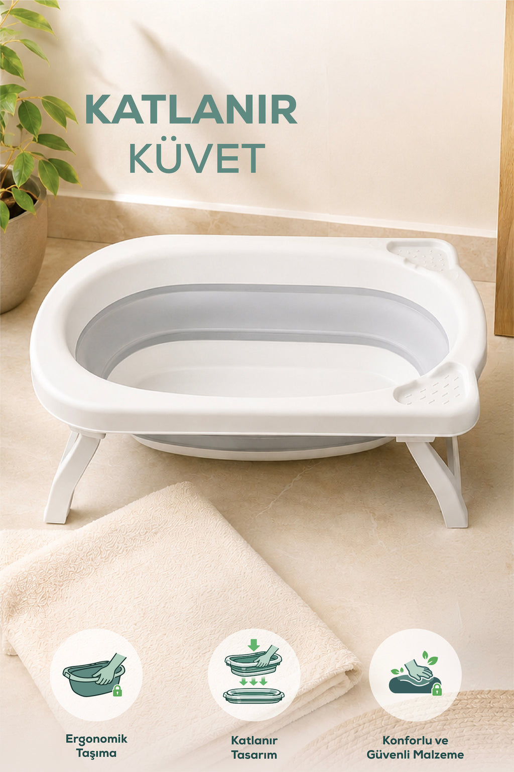 Katlanır Bebek Küveti-Katlanır Küvet, Portatif Bebek Küveti-Gri