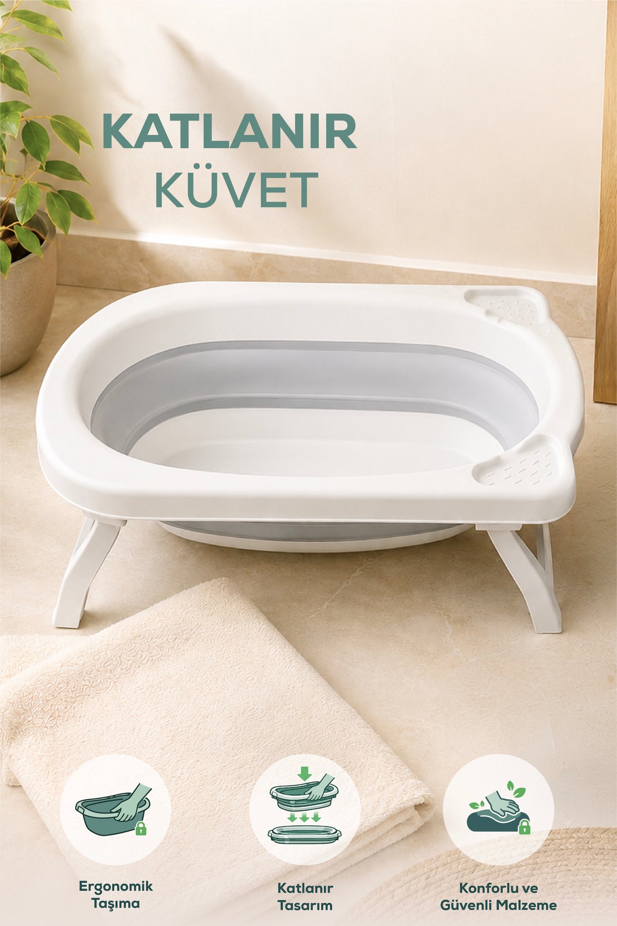 Katlanır Bebek Küveti-Katlanır Küvet, Portatif Bebek Küveti-Gri