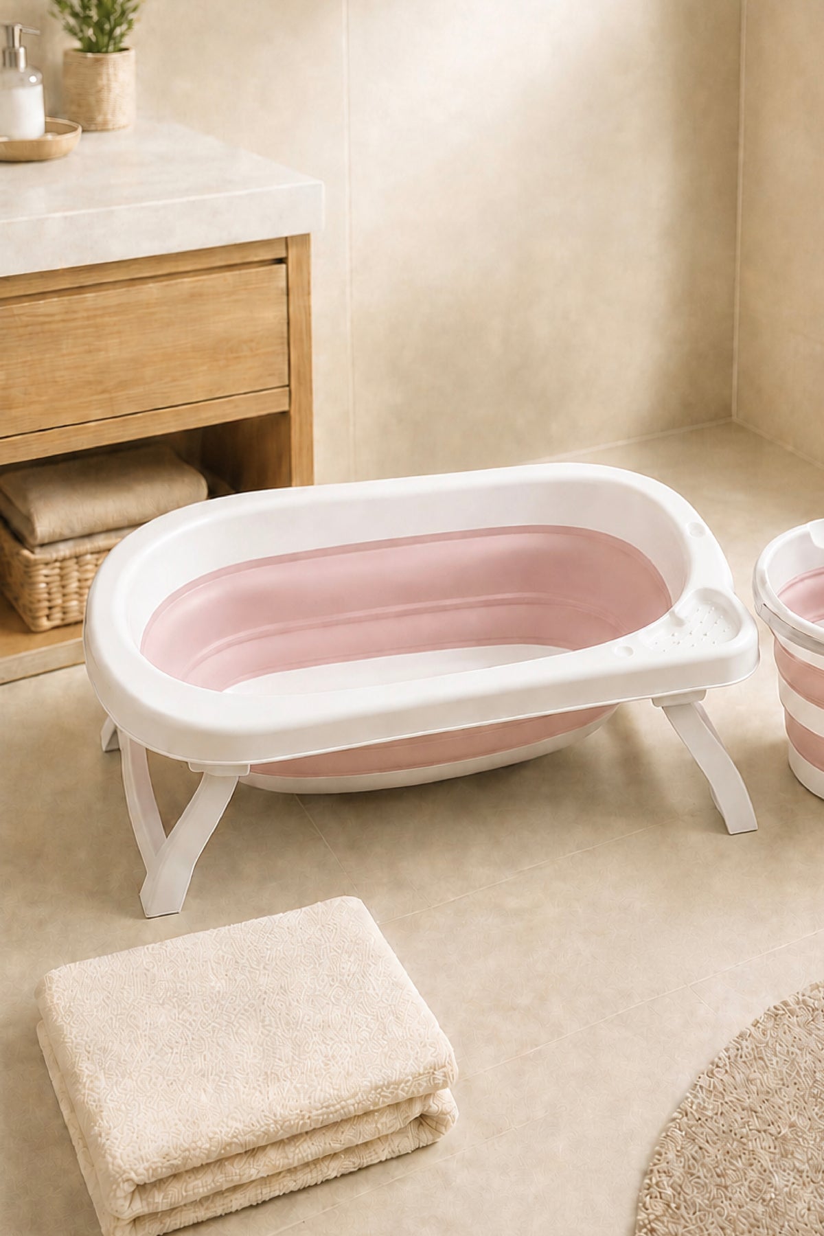 2'li Katlanır Bebek Banyo Seti - Katlanır Bebek Küveti, Maşrapa Seti,-2 Sünger Hediyeli-Pembe