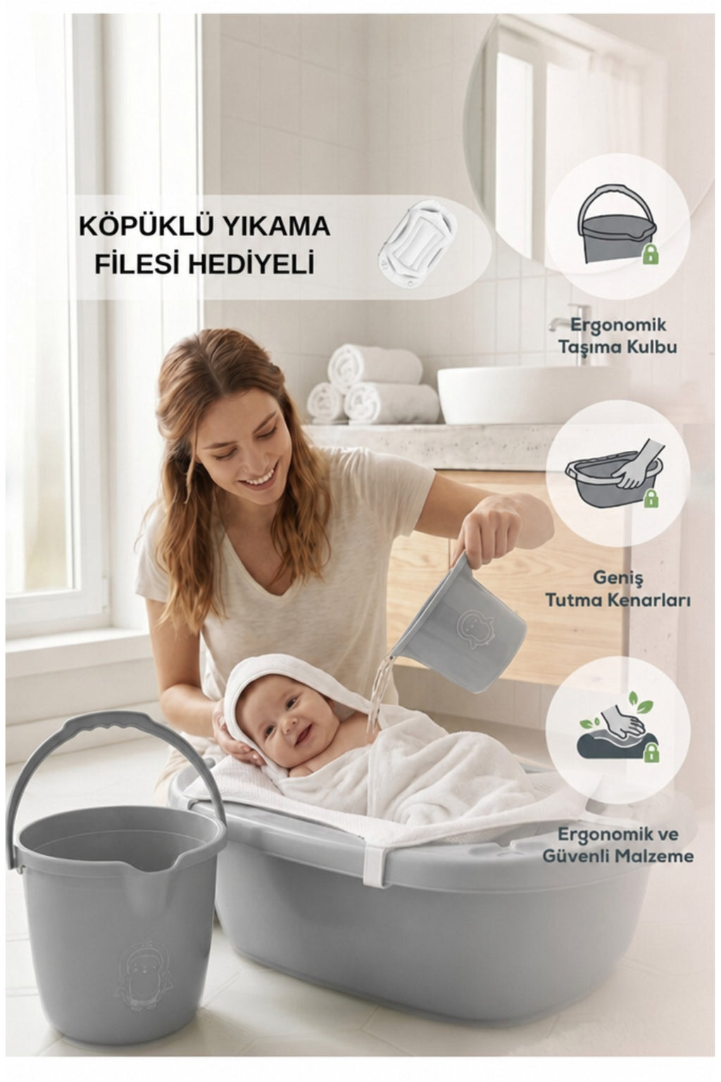 4'lü 40 Litre Bebek Banyo Seti Köpüklü File Hediyeli wumboo-color-gri