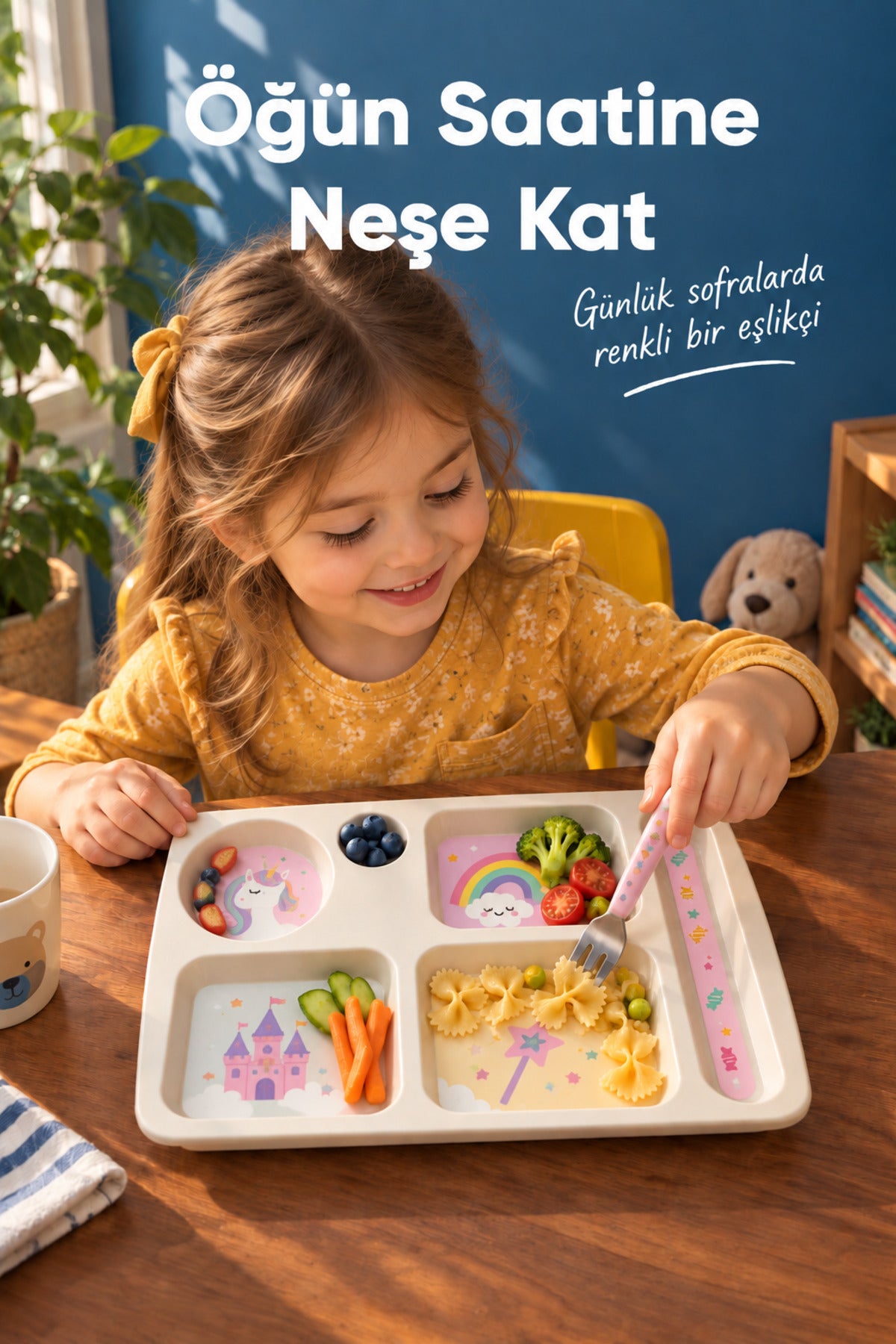6 Bölmeli Melamin Çocuk Tabağı-Mama Tabağı-Ekstra Dayanıklı BPA Free Beslenme Tabağı- Unicorn