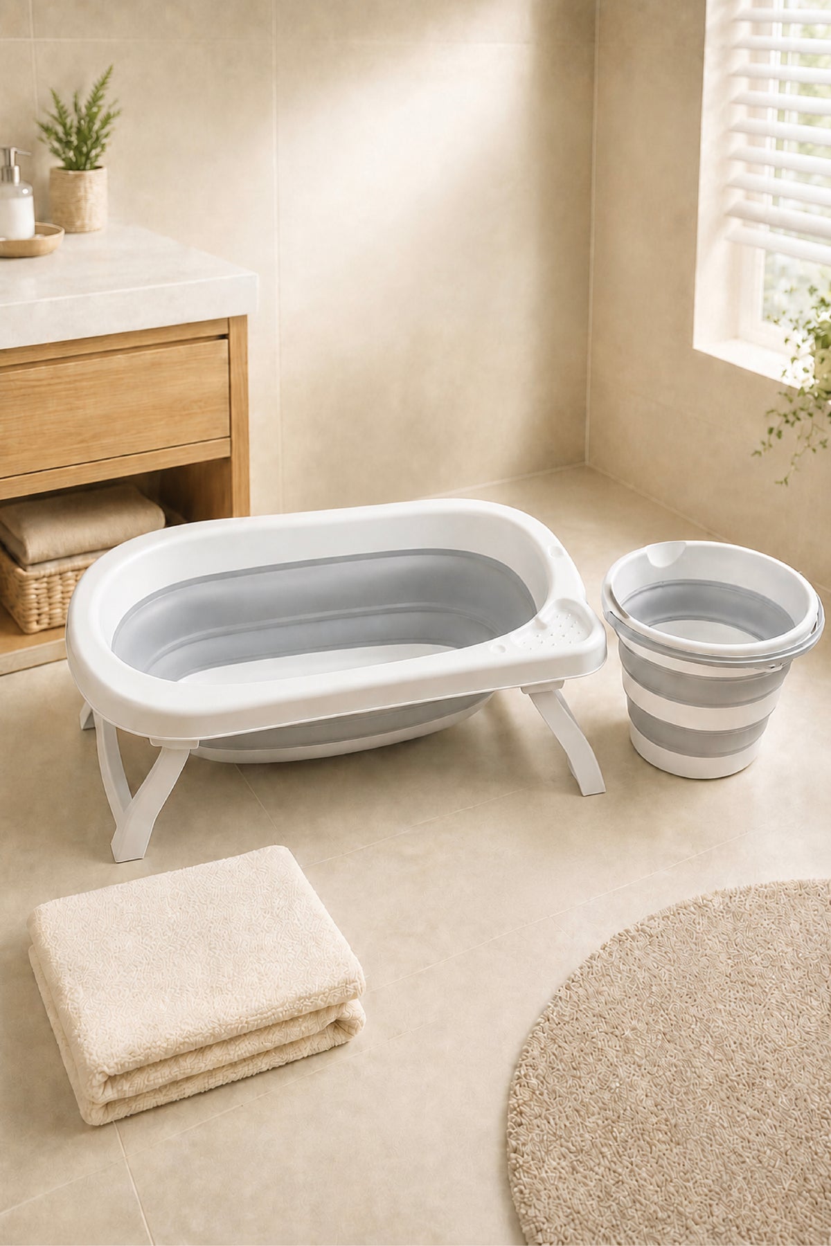 2'li Katlanır Bebek Banyo Seti - Katlanır Bebek Küveti, ,Kova Seti-Gri