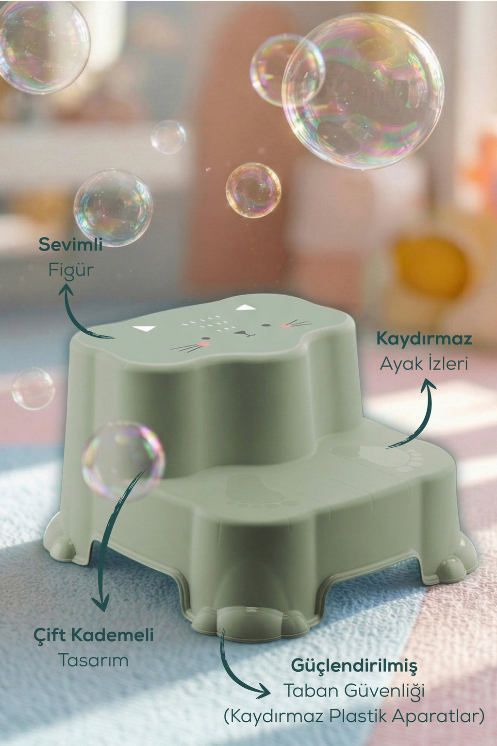 Kaydırmaz Çocuk Basamağı - Çift Katlı Banyo Merdiven Yükseltici Bebek Basamağı -Yeşil