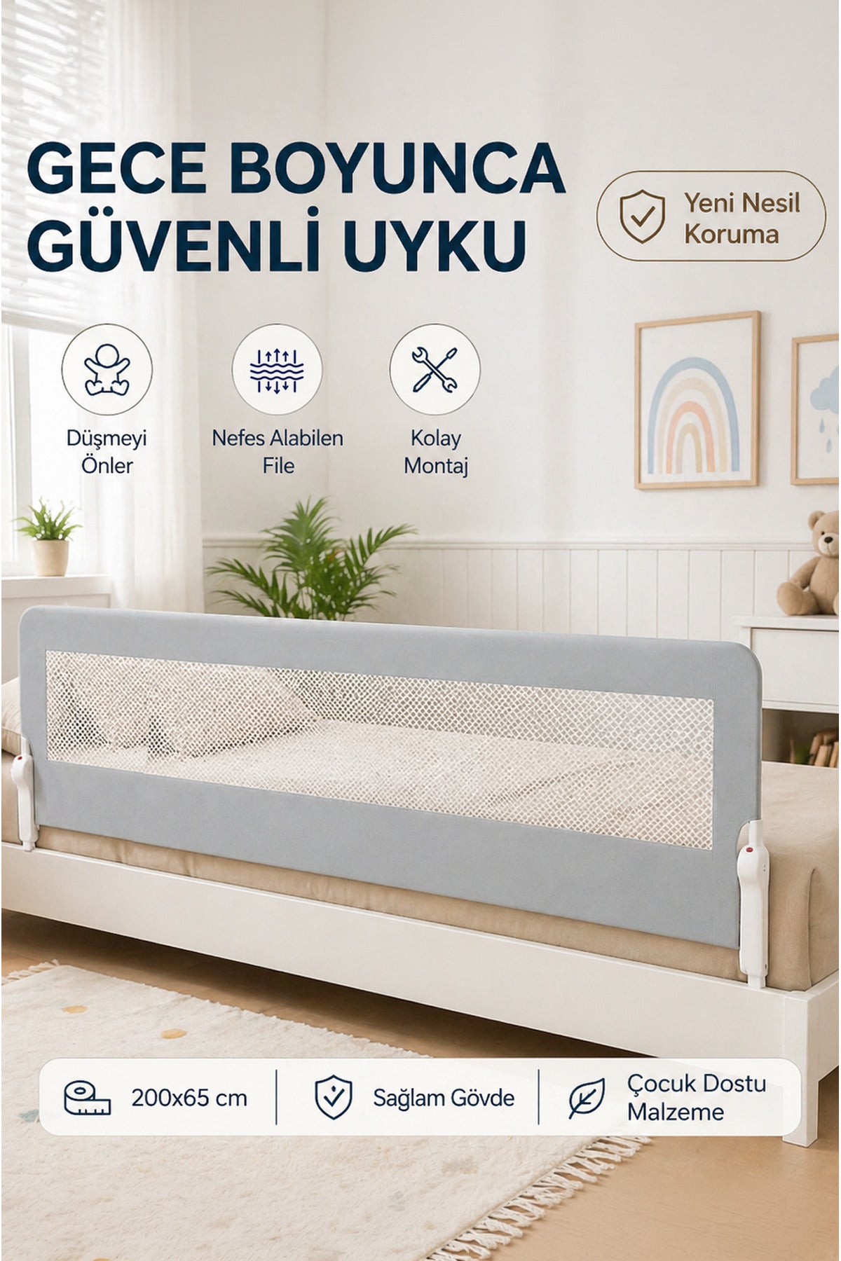 200 Cm Yatak Bariyeri - Mega Boy Güvenlik Bariyeri Koruyucu Bariyer,Bebek Bariyeri Büyük Boy-Gri