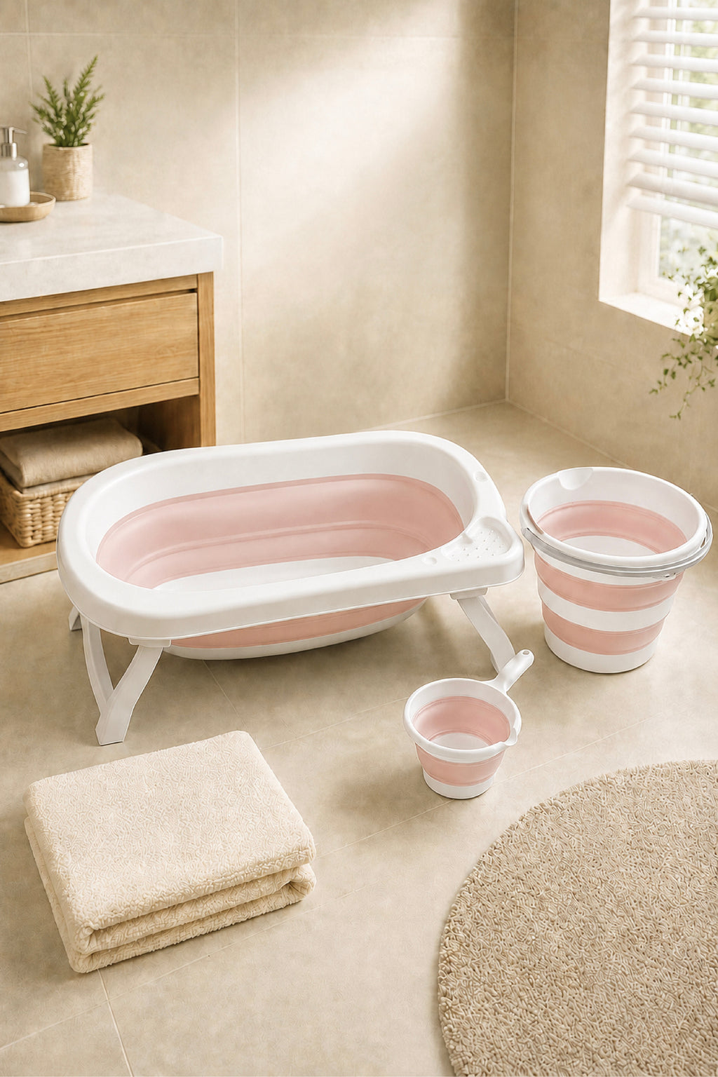3'lü Katlanır Bebek Banyo Seti - Katlanır Bebek Küveti, Maşrapa,Kova Seti-Pembe