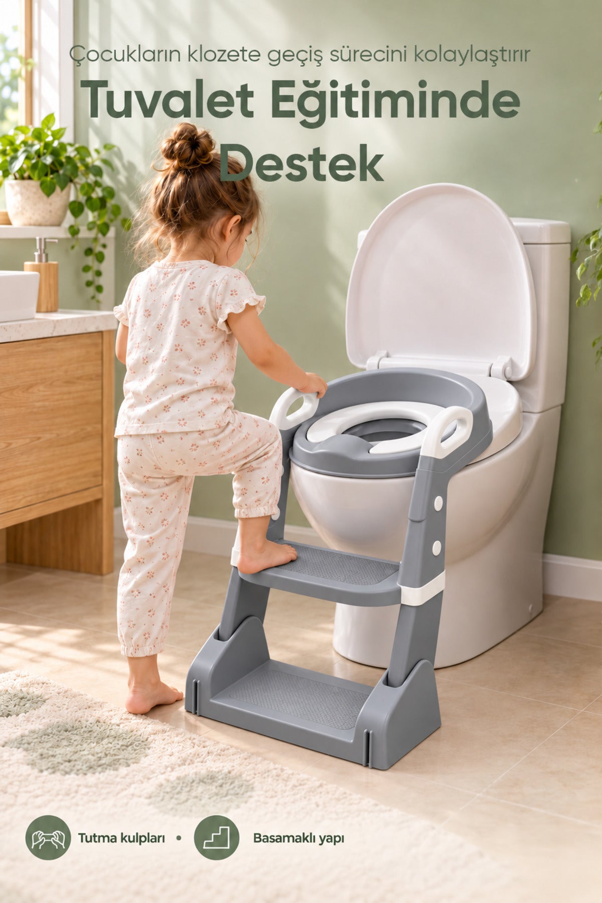 2'li Tuvalet Eğitim Seti Basamaklı Adaptör ve Lazımlık wumboo-color-gri