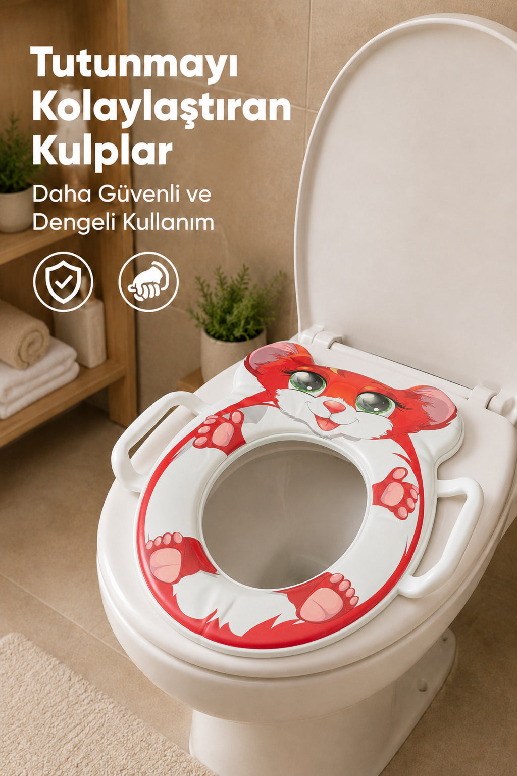 Hayvan Figürlü Süngerli Klozet adaptörü,Yumuşak Süngerli Kaymaz Taban Klozet Adaptörü-Kırmızı Tilki