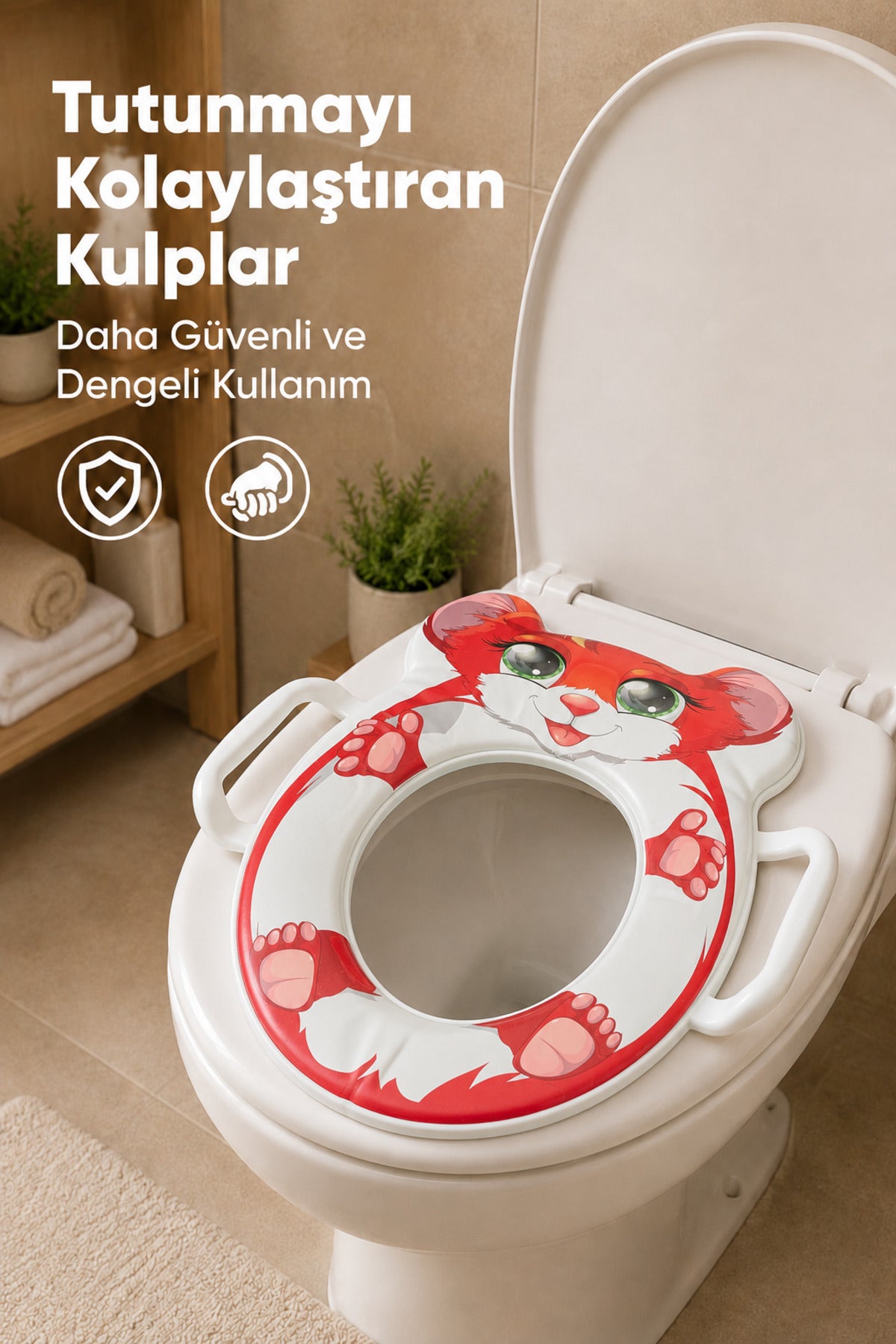 Hayvan Figürlü Süngerli Klozet adaptörü,Yumuşak Süngerli Kaymaz Taban Klozet Adaptörü-Kırmızı Tilki