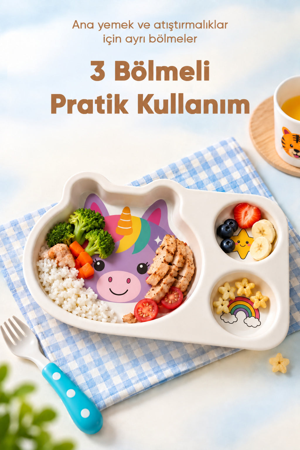 3 Bölmeli Hayvan Desenli Melamin Çocuk Tabağı-Ekstra Dayanıklı BPA Free Beslenme Tabağı- Unicorn