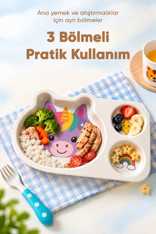 3 Bölmeli Hayvan Desenli Melamin Çocuk Tabağı-Ekstra Dayanıklı BPA Free Beslenme Tabağı- Unicorn