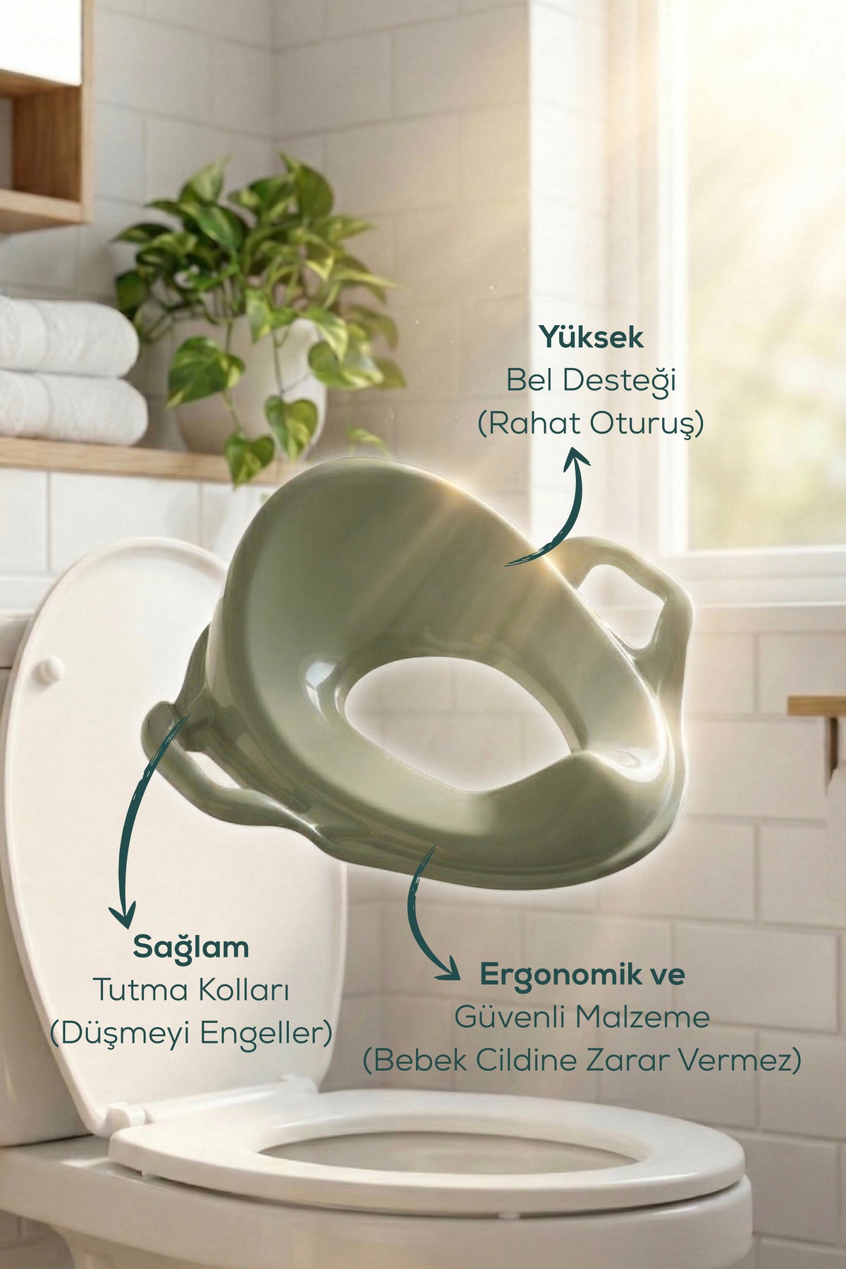 Çocuk Tuvalet Alıştırma Seti - Kaydırmaz 2 Katlı Basamak ve Kulplu Klozet Adaptörü-Yeşil