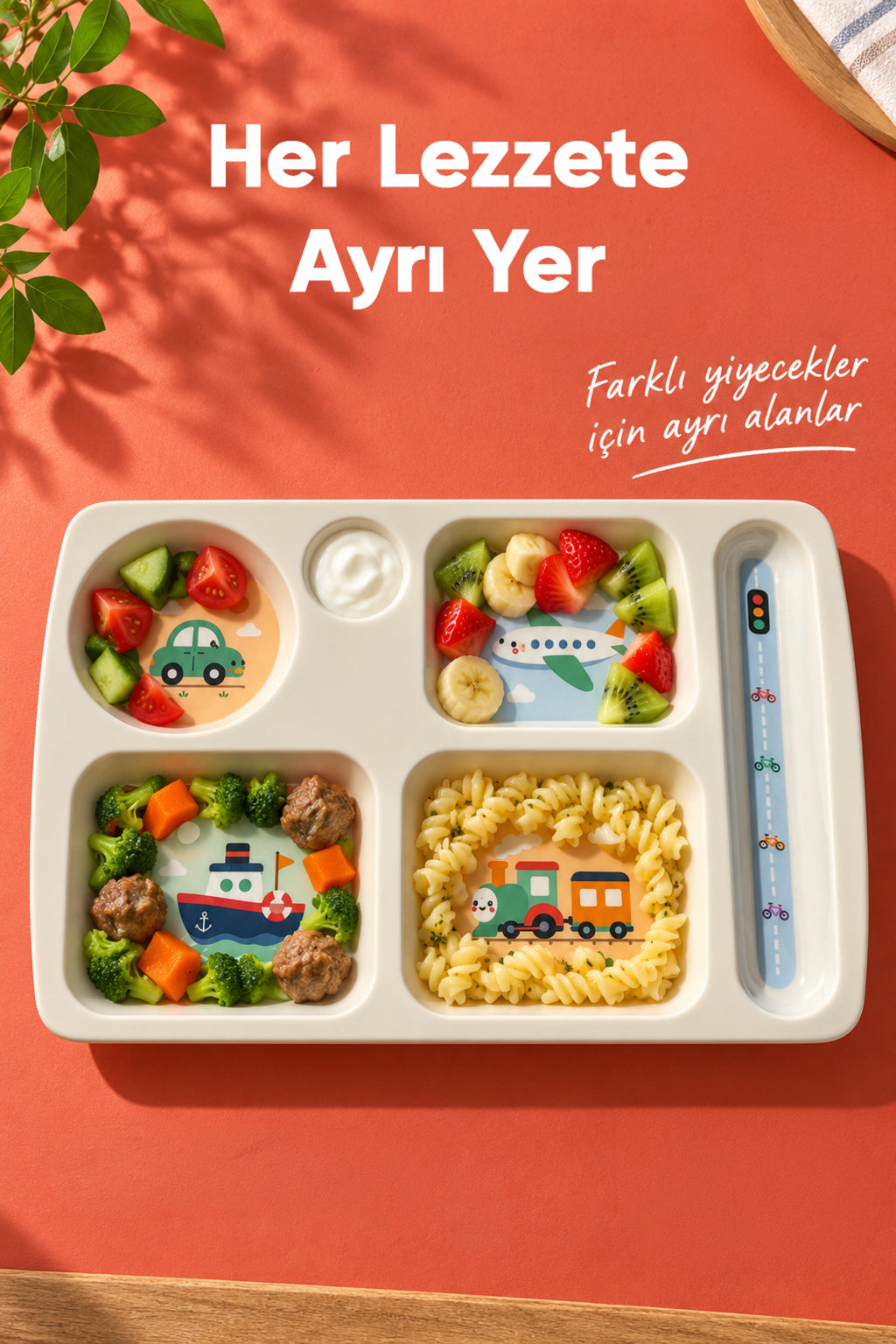 6 Bölmeli Melamin Çocuk Tabağı-Mama Tabağı-Ekstra Dayanıklı BPA Free Beslenme Tabağı- Araba