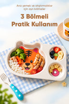 3 Bölmeli Hayvan Desenli Melamin Çocuk Tabağı-Ekstra Dayanıklı BPA Free Beslenme Tabağı- Kaplan