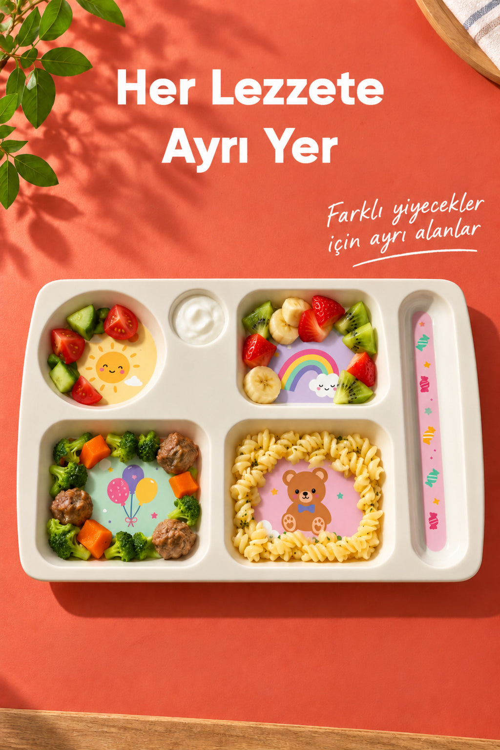 6 Bölmeli Melamin Çocuk Tabağı-Mama Tabağı-Ekstra Dayanıklı BPA Free Beslenme Tabağı- Güneş