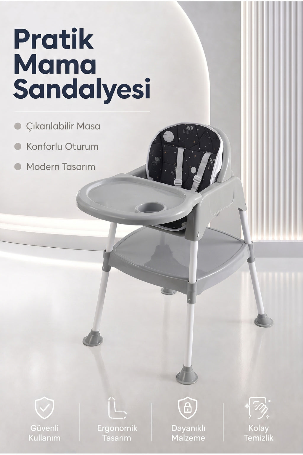 Bebek Mama Oturağı- Çok Fonksiyonlu Bebek Mama Sandalyesi ve Dönüştürülebilir Oyun Masası Seti - Gri