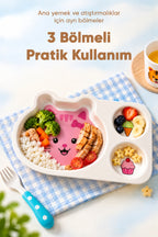 3 Bölmeli Hayvan Desenli Melamin Çocuk Tabağı-Ekstra Dayanıklı BPA Free Beslenme Tabağı- Pembe Kedi