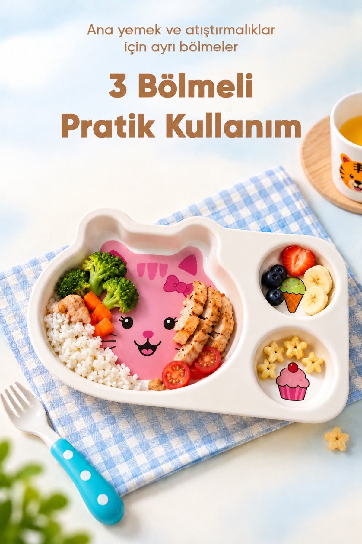 3 Bölmeli Hayvan Desenli Melamin Çocuk Tabağı-Ekstra Dayanıklı BPA Free Beslenme Tabağı- Pembe Kedi