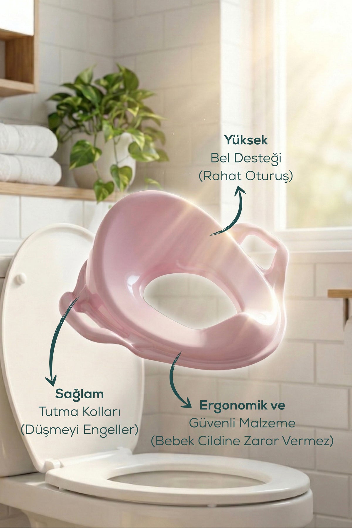 Çocuk Kulplu Klozet Kapağı Adaptörü - Tuvalet Alıştırma Oturağı - Pembe